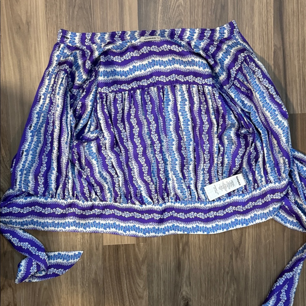 Sandro Silk Floral Stripe Purple Blue Balloon Sleeve Button Tie Cropped Blouse S - Picture 13 of 17